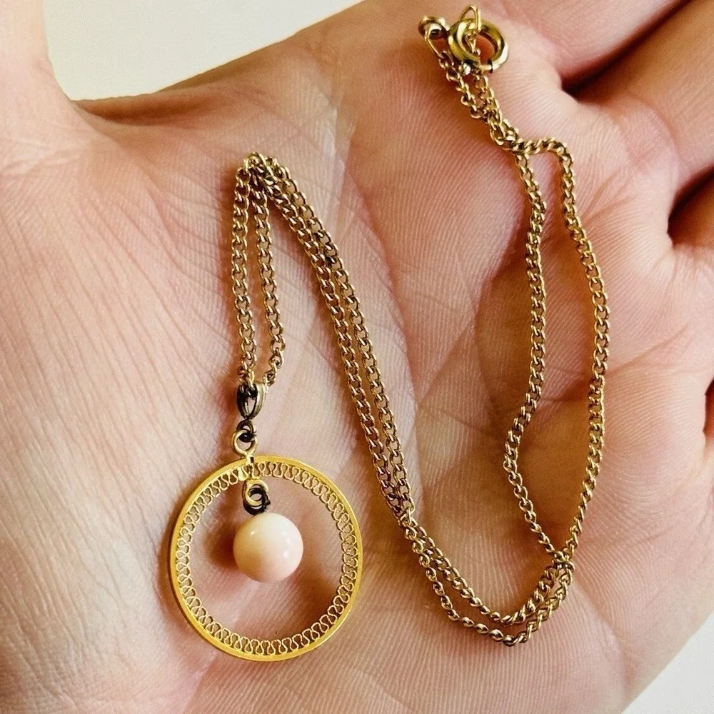 VTG Coral Necklace Pink Angel Skin Genuine Natural Gemstone 14k Gold‎ GP Italy